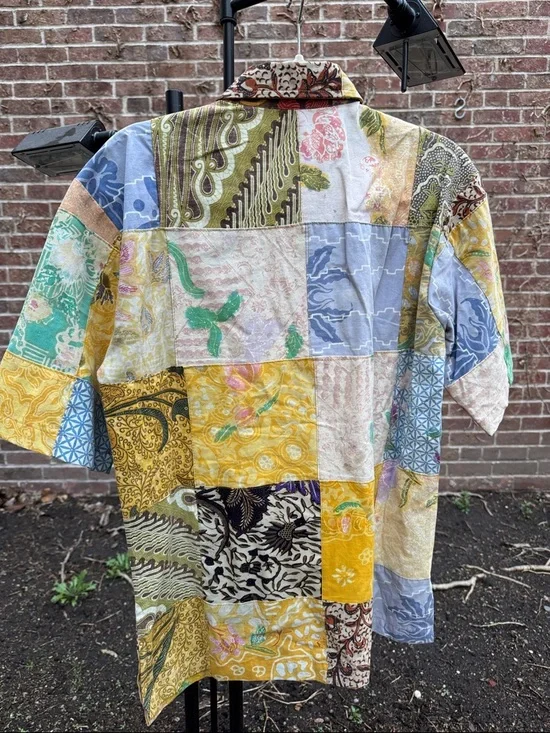 Vintage Patchwork Button-Down Shirt in Yellow, Green, Brown, Blue - Picture 2 of 2